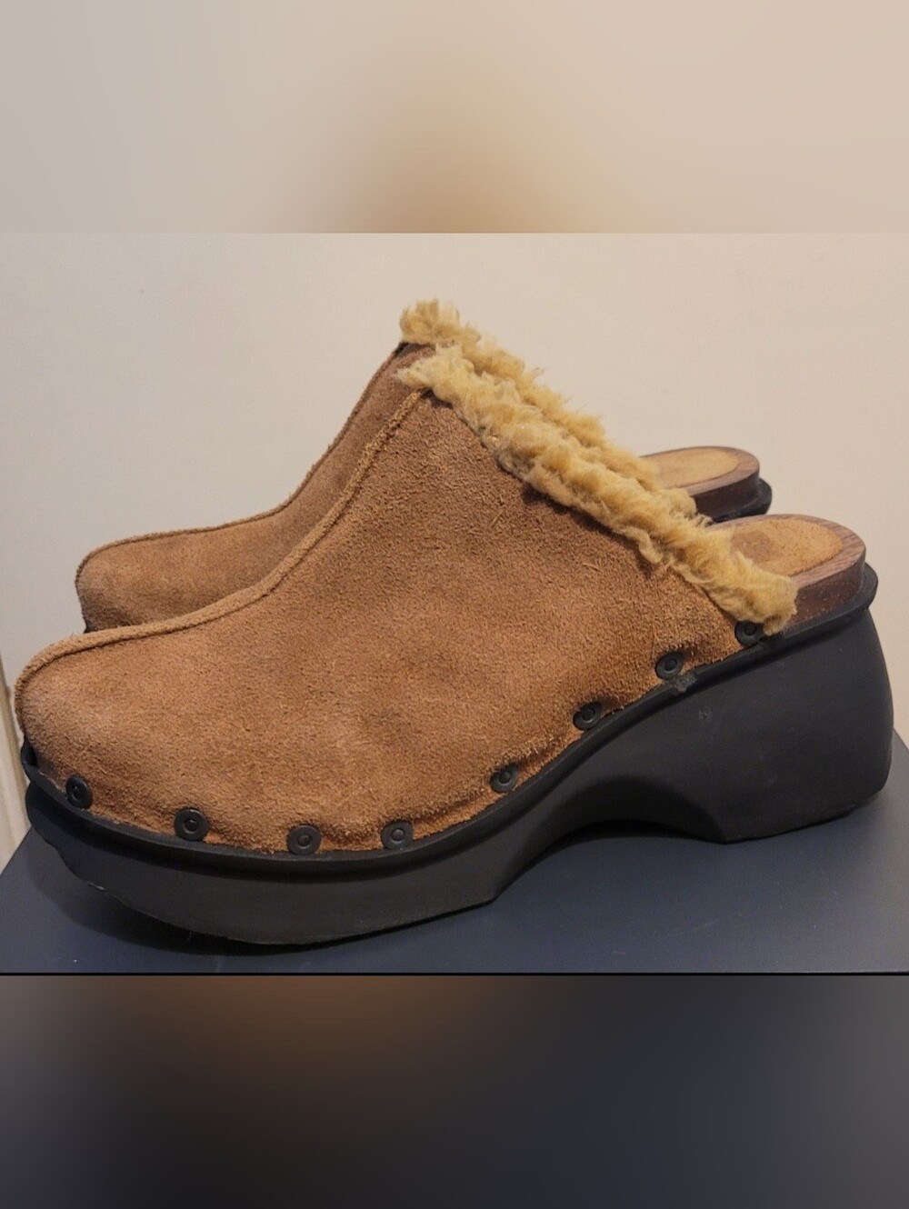 Vintage Bass Suede Shearling Lined Clog Mule Women's 9.5 Made In Brazil